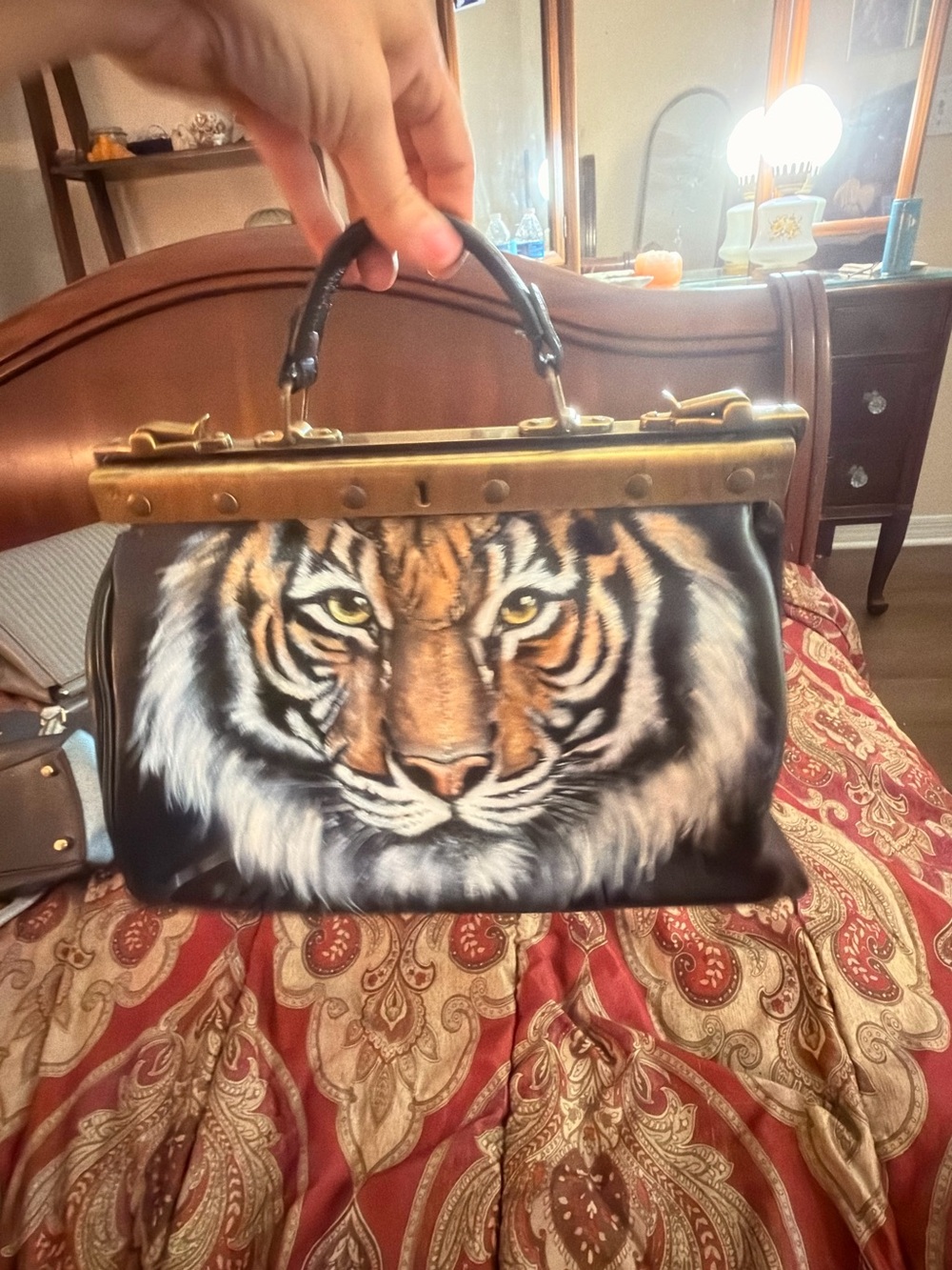 Patricia Nash Tiger Face Satchel in Black and Brown